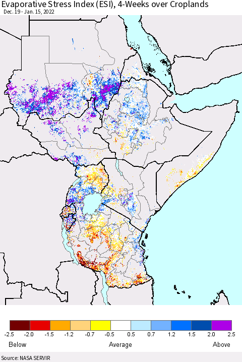 Eastern Africa Evaporative Stress Index (ESI), 4-Weeks over Croplands Thematic Map For 1/10/2022 - 1/16/2022