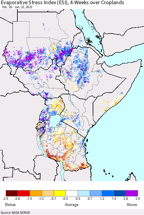 Eastern Africa Evaporative Stress Index (ESI), 4-Weeks over Croplands Thematic Map For 1/17/2022 - 1/23/2022