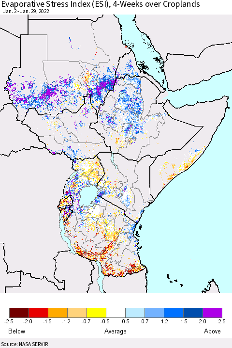 Eastern Africa Evaporative Stress Index (ESI), 4-Weeks over Croplands Thematic Map For 1/24/2022 - 1/30/2022
