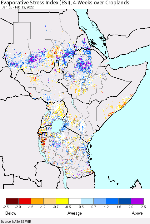 Eastern Africa Evaporative Stress Index (ESI), 4-Weeks over Croplands Thematic Map For 2/7/2022 - 2/13/2022
