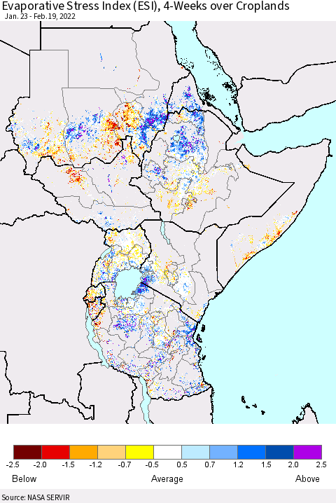 Eastern Africa Evaporative Stress Index (ESI), 4-Weeks over Croplands Thematic Map For 2/14/2022 - 2/20/2022