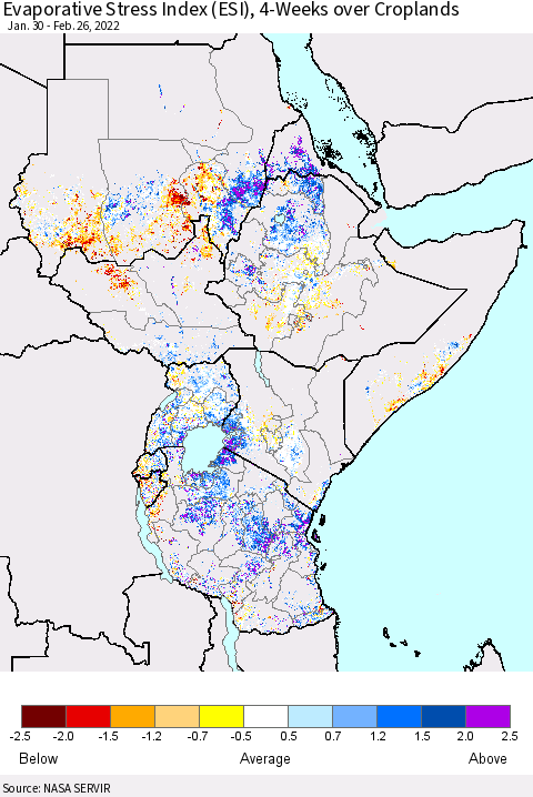 Eastern Africa Evaporative Stress Index (ESI), 4-Weeks over Croplands Thematic Map For 2/21/2022 - 2/27/2022