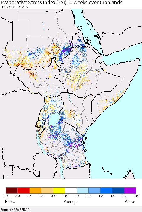 Eastern Africa Evaporative Stress Index (ESI), 4-Weeks over Croplands Thematic Map For 2/28/2022 - 3/6/2022