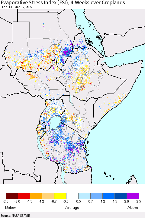 Eastern Africa Evaporative Stress Index (ESI), 4-Weeks over Croplands Thematic Map For 3/7/2022 - 3/13/2022
