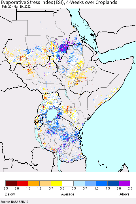 Eastern Africa Evaporative Stress Index (ESI), 4-Weeks over Croplands Thematic Map For 3/14/2022 - 3/20/2022