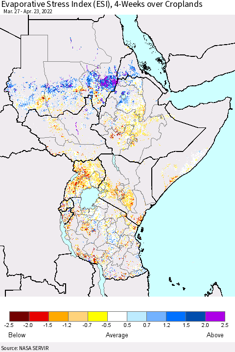 Eastern Africa Evaporative Stress Index (ESI), 4-Weeks over Croplands Thematic Map For 4/18/2022 - 4/24/2022