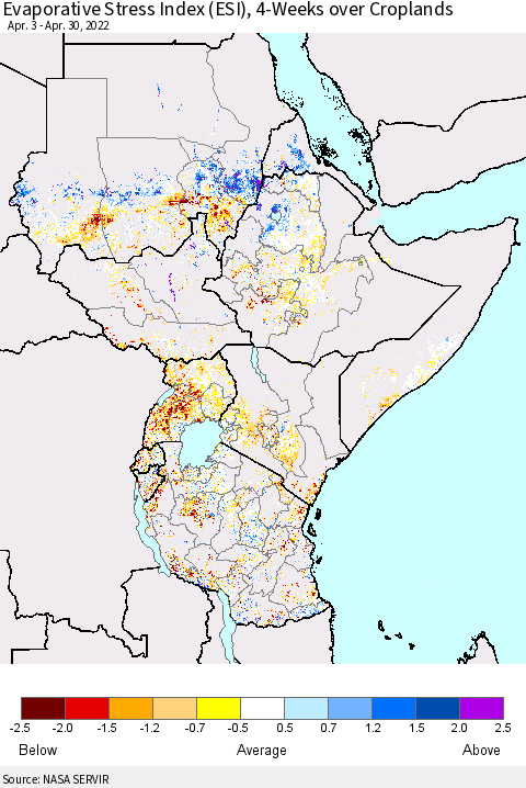 Eastern Africa Evaporative Stress Index (ESI), 4-Weeks over Croplands Thematic Map For 4/25/2022 - 5/1/2022