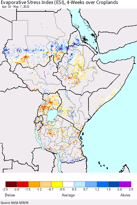 Eastern Africa Evaporative Stress Index (ESI), 4-Weeks over Croplands Thematic Map For 5/2/2022 - 5/8/2022
