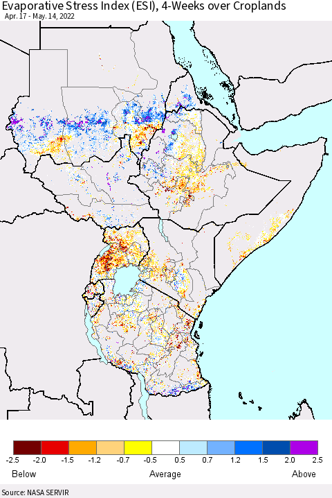 Eastern Africa Evaporative Stress Index (ESI), 4-Weeks over Croplands Thematic Map For 5/9/2022 - 5/15/2022
