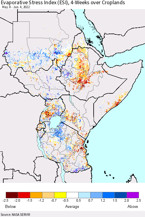 Eastern Africa Evaporative Stress Index (ESI), 4-Weeks over Croplands Thematic Map For 5/30/2022 - 6/5/2022