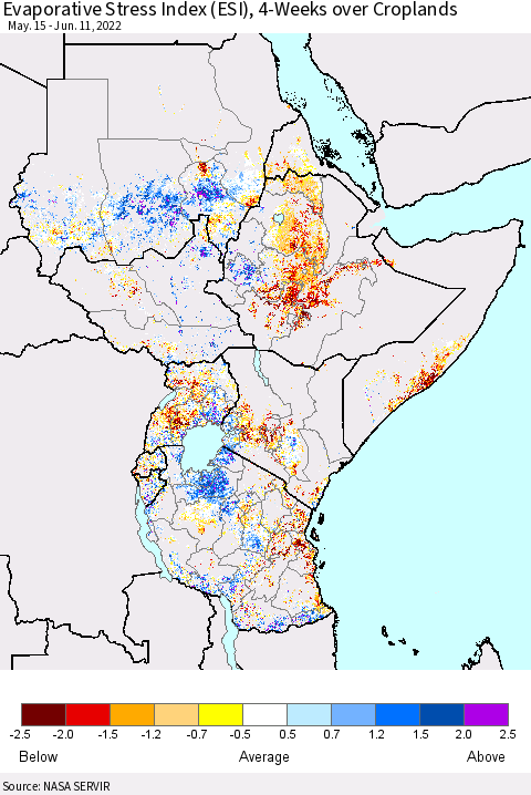 Eastern Africa Evaporative Stress Index (ESI), 4-Weeks over Croplands Thematic Map For 6/6/2022 - 6/12/2022