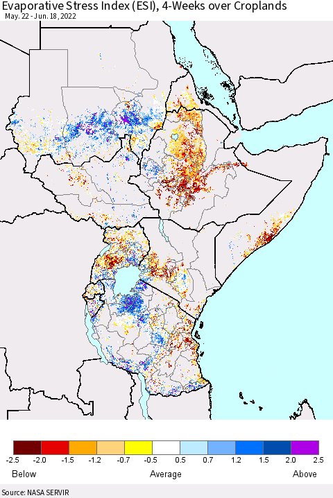 Eastern Africa Evaporative Stress Index (ESI), 4-Weeks over Croplands Thematic Map For 6/13/2022 - 6/19/2022