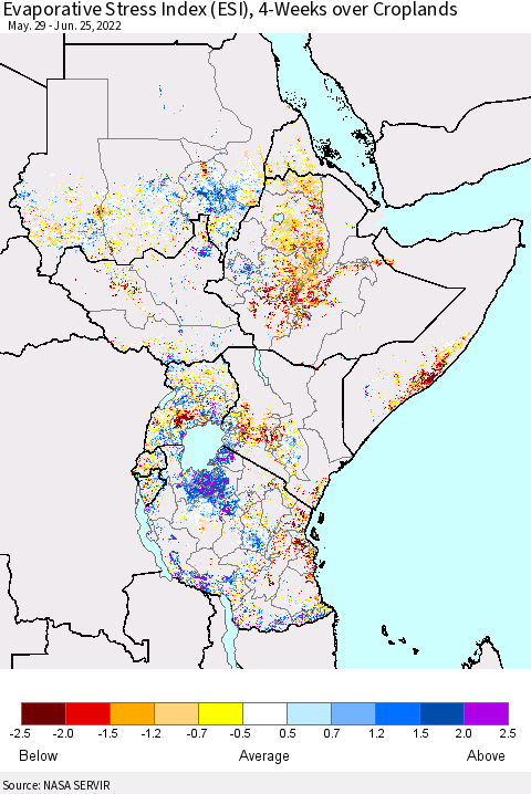 Eastern Africa Evaporative Stress Index (ESI), 4-Weeks over Croplands Thematic Map For 6/20/2022 - 6/26/2022