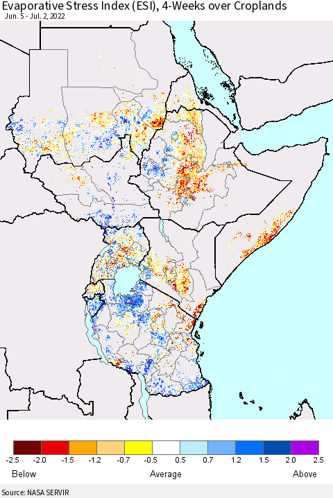Eastern Africa Evaporative Stress Index (ESI), 4-Weeks over Croplands Thematic Map For 6/27/2022 - 7/3/2022