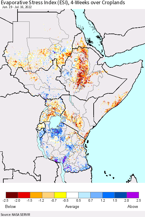 Eastern Africa Evaporative Stress Index (ESI), 4-Weeks over Croplands Thematic Map For 7/11/2022 - 7/17/2022