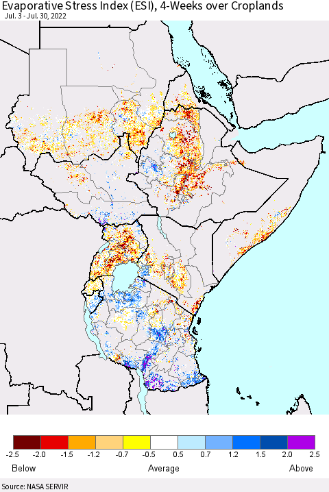 Eastern Africa Evaporative Stress Index (ESI), 4-Weeks over Croplands Thematic Map For 7/25/2022 - 7/31/2022