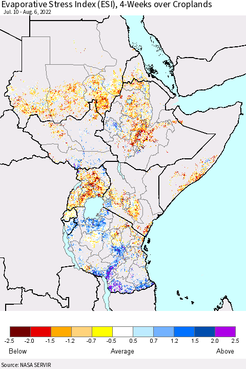 Eastern Africa Evaporative Stress Index (ESI), 4-Weeks over Croplands Thematic Map For 8/1/2022 - 8/7/2022