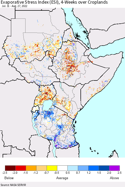 Eastern Africa Evaporative Stress Index (ESI), 4-Weeks over Croplands Thematic Map For 8/22/2022 - 8/28/2022