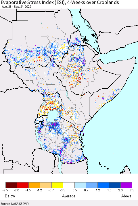 Eastern Africa Evaporative Stress Index (ESI), 4-Weeks over Croplands Thematic Map For 9/19/2022 - 9/25/2022