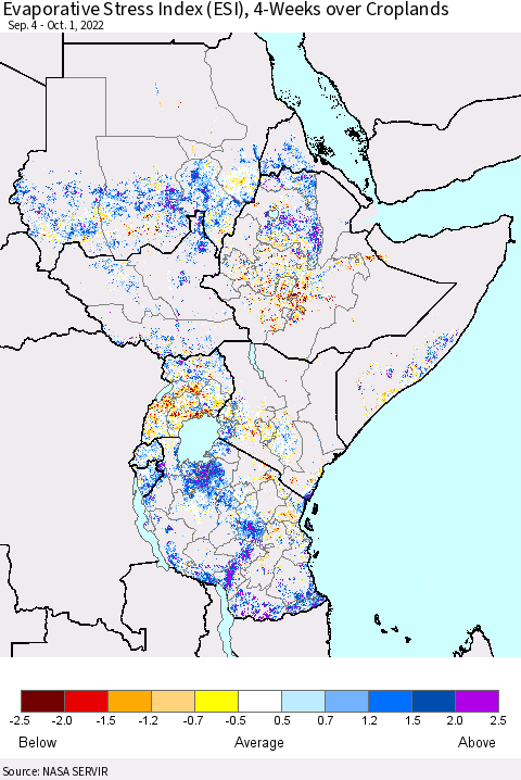 Eastern Africa Evaporative Stress Index (ESI), 4-Weeks over Croplands Thematic Map For 9/26/2022 - 10/2/2022