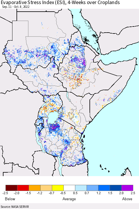 Eastern Africa Evaporative Stress Index (ESI), 4-Weeks over Croplands Thematic Map For 10/3/2022 - 10/9/2022