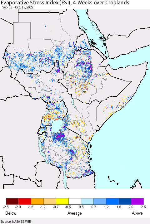 Eastern Africa Evaporative Stress Index (ESI), 4-Weeks over Croplands Thematic Map For 10/10/2022 - 10/16/2022