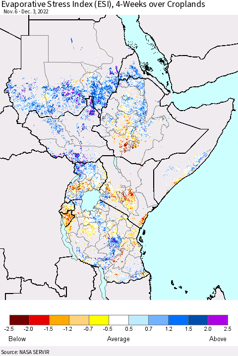 Eastern Africa Evaporative Stress Index (ESI), 4-Weeks over Croplands Thematic Map For 11/28/2022 - 12/4/2022