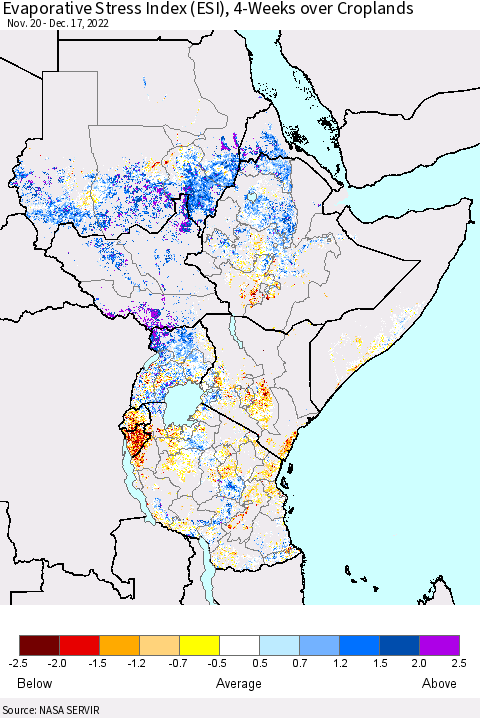 Eastern Africa Evaporative Stress Index (ESI), 4-Weeks over Croplands Thematic Map For 12/12/2022 - 12/18/2022