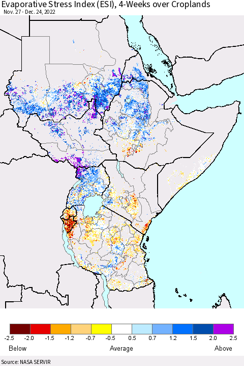 Eastern Africa Evaporative Stress Index (ESI), 4-Weeks over Croplands Thematic Map For 12/19/2022 - 12/25/2022