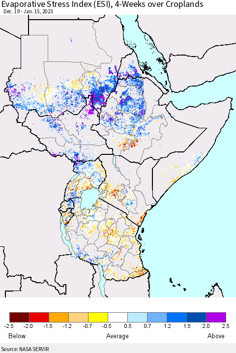 Eastern Africa Evaporative Stress Index (ESI), 4-Weeks over Croplands Thematic Map For 1/9/2023 - 1/15/2023