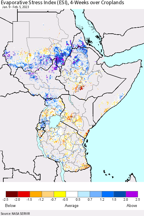 Eastern Africa Evaporative Stress Index (ESI), 4-Weeks over Croplands Thematic Map For 1/30/2023 - 2/5/2023