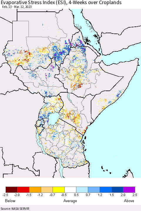 Eastern Africa Evaporative Stress Index (ESI), 4-Weeks over Croplands Thematic Map For 3/6/2023 - 3/12/2023