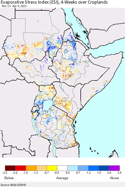 Eastern Africa Evaporative Stress Index (ESI), 4-Weeks over Croplands Thematic Map For 4/3/2023 - 4/9/2023