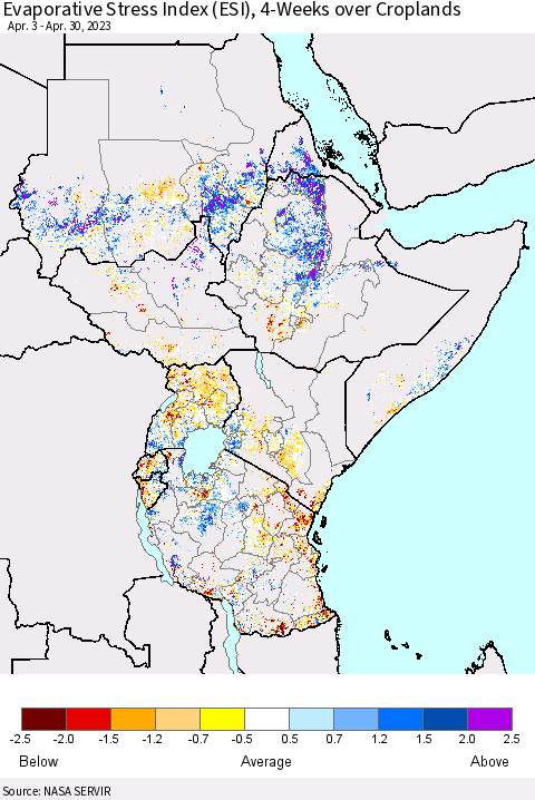Eastern Africa Evaporative Stress Index (ESI), 4-Weeks over Croplands Thematic Map For 4/24/2023 - 4/30/2023