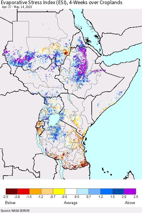 Eastern Africa Evaporative Stress Index (ESI), 4-Weeks over Croplands Thematic Map For 5/8/2023 - 5/14/2023