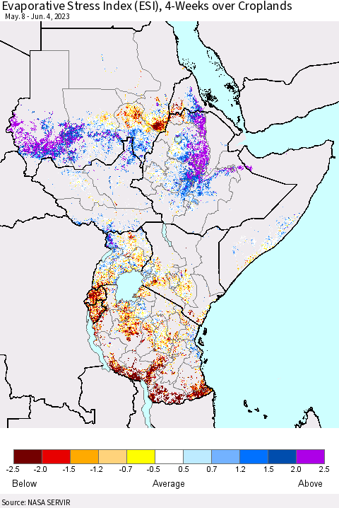 Eastern Africa Evaporative Stress Index (ESI), 4-Weeks over Croplands Thematic Map For 5/29/2023 - 6/4/2023
