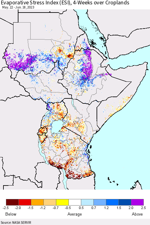Eastern Africa Evaporative Stress Index (ESI), 4-Weeks over Croplands Thematic Map For 6/12/2023 - 6/18/2023