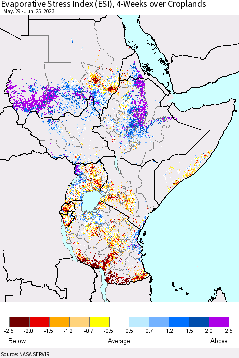 Eastern Africa Evaporative Stress Index (ESI), 4-Weeks over Croplands Thematic Map For 6/19/2023 - 6/25/2023