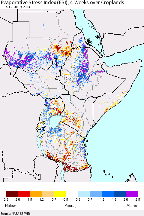 Eastern Africa Evaporative Stress Index (ESI), 4-Weeks over Croplands Thematic Map For 7/3/2023 - 7/9/2023