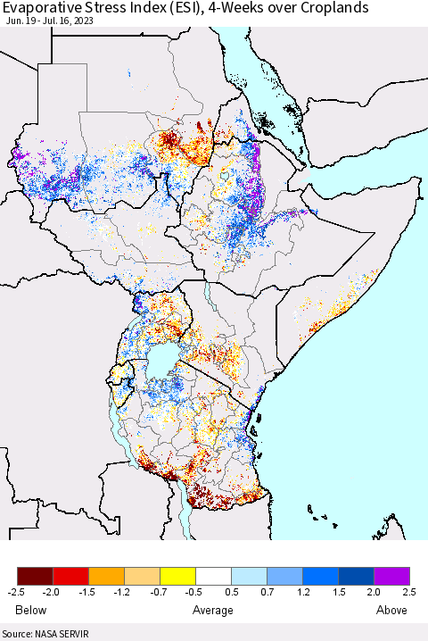 Eastern Africa Evaporative Stress Index (ESI), 4-Weeks over Croplands Thematic Map For 7/10/2023 - 7/16/2023
