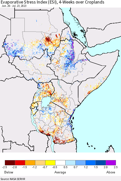 Eastern Africa Evaporative Stress Index (ESI), 4-Weeks over Croplands Thematic Map For 7/17/2023 - 7/23/2023