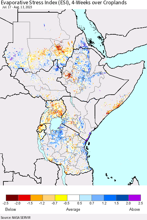 Eastern Africa Evaporative Stress Index (ESI), 4-Weeks over Croplands Thematic Map For 8/7/2023 - 8/13/2023