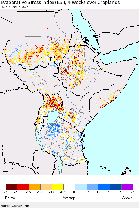 Eastern Africa Evaporative Stress Index (ESI), 4-Weeks over Croplands Thematic Map For 8/28/2023 - 9/3/2023