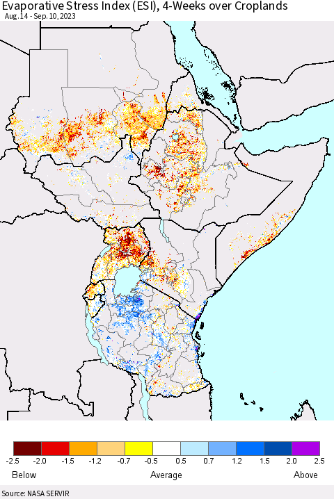 Eastern Africa Evaporative Stress Index (ESI), 4-Weeks over Croplands Thematic Map For 9/4/2023 - 9/10/2023