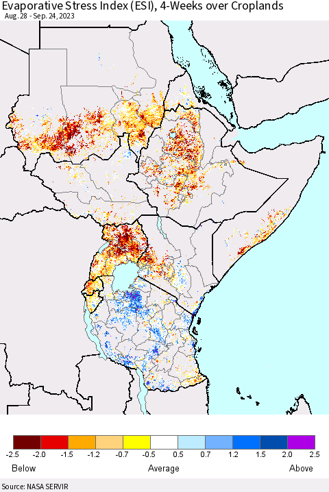 Eastern Africa Evaporative Stress Index (ESI), 4-Weeks over Croplands Thematic Map For 9/18/2023 - 9/24/2023