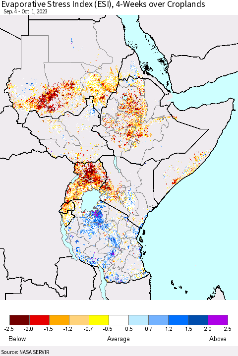 Eastern Africa Evaporative Stress Index (ESI), 4-Weeks over Croplands Thematic Map For 9/25/2023 - 10/1/2023