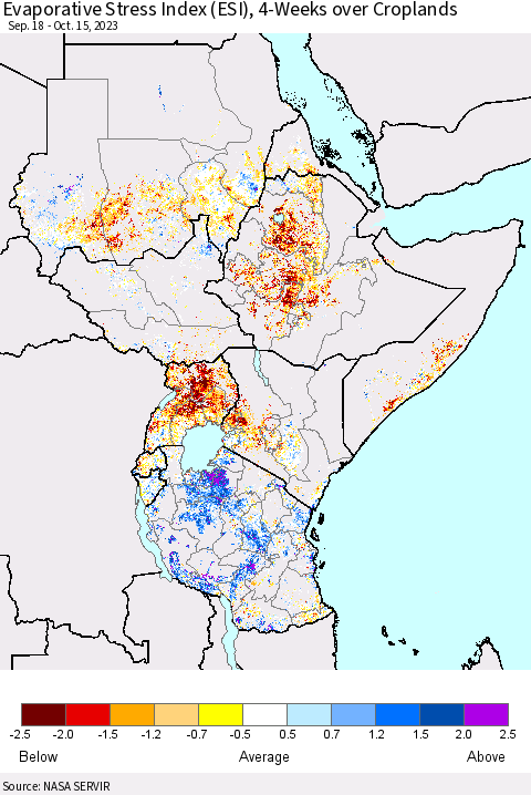 Eastern Africa Evaporative Stress Index (ESI), 4-Weeks over Croplands Thematic Map For 10/9/2023 - 10/15/2023