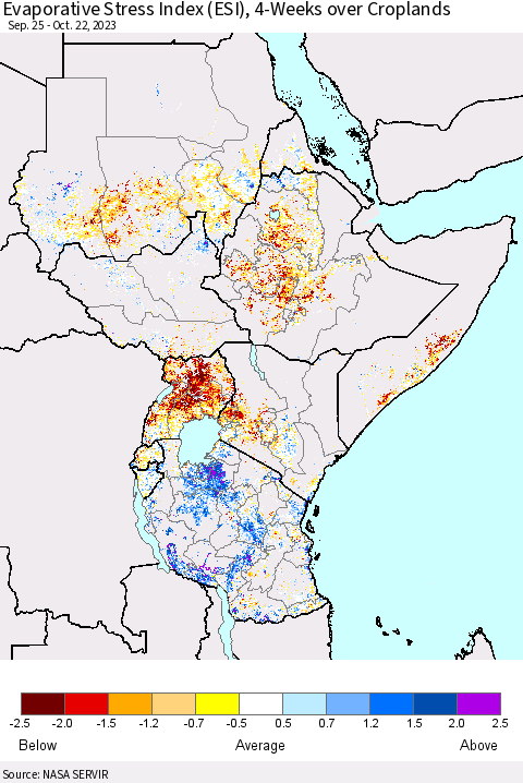 Eastern Africa Evaporative Stress Index (ESI), 4-Weeks over Croplands Thematic Map For 10/16/2023 - 10/22/2023