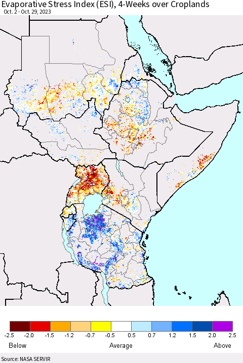 Eastern Africa Evaporative Stress Index (ESI), 4-Weeks over Croplands Thematic Map For 10/23/2023 - 10/29/2023