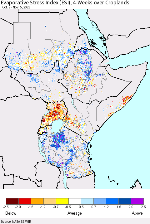 Eastern Africa Evaporative Stress Index (ESI), 4-Weeks over Croplands Thematic Map For 10/30/2023 - 11/5/2023